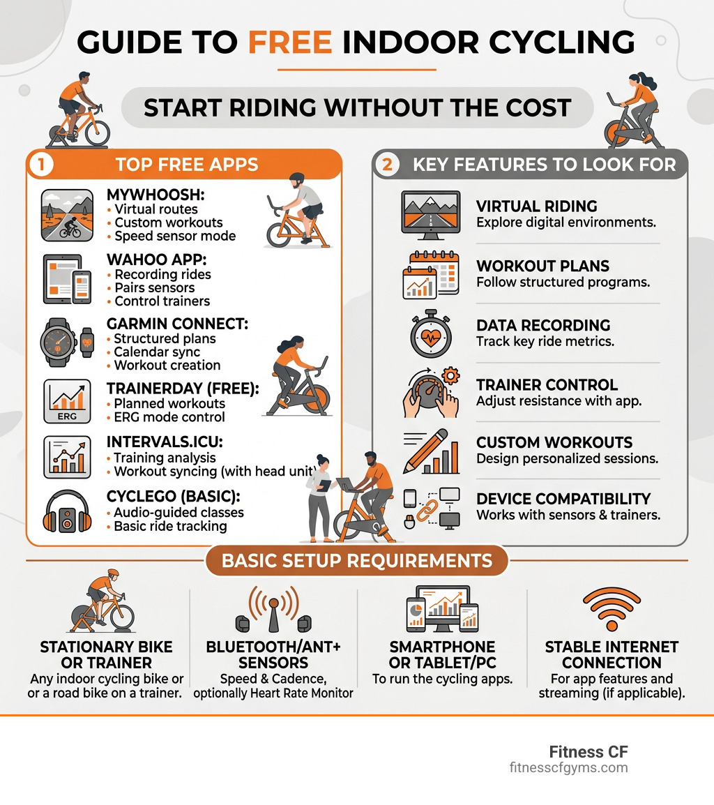 Infographic showing top free indoor cycling apps, key features, and basic setup requirements - Free indoor cycling