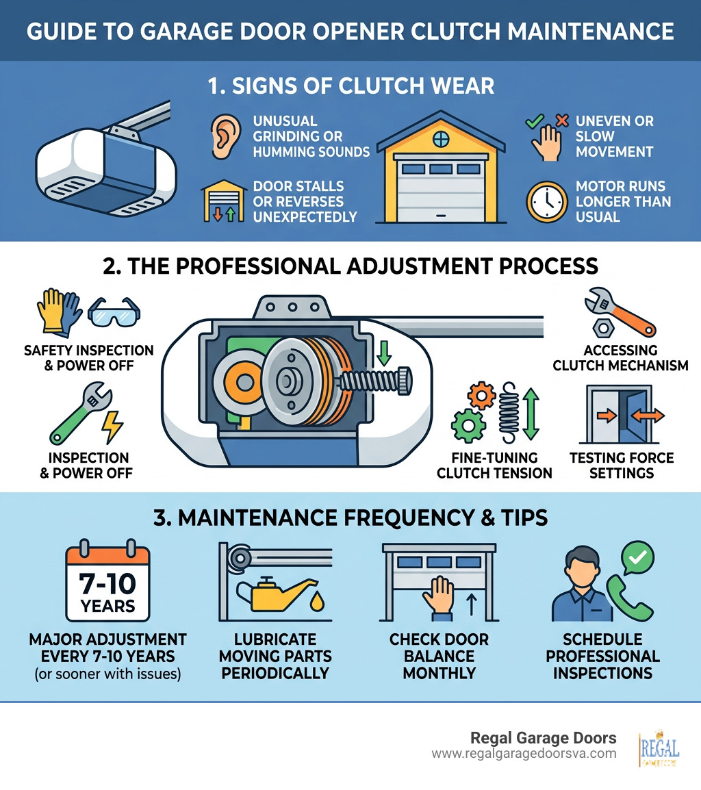 Infographic showing signs of clutch wear, adjustment process, and maintenance frequency for garage door openers - garage Infographic showing signs of clutch wear, adjustment process, and maintenance frequency for garage door openers - garage