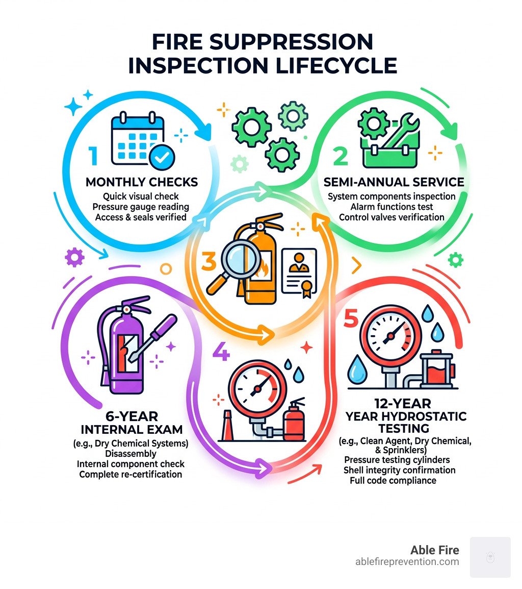 Fire suppression inspection lifecycle infographic showing monthly checks, semi-annual service, annual professional