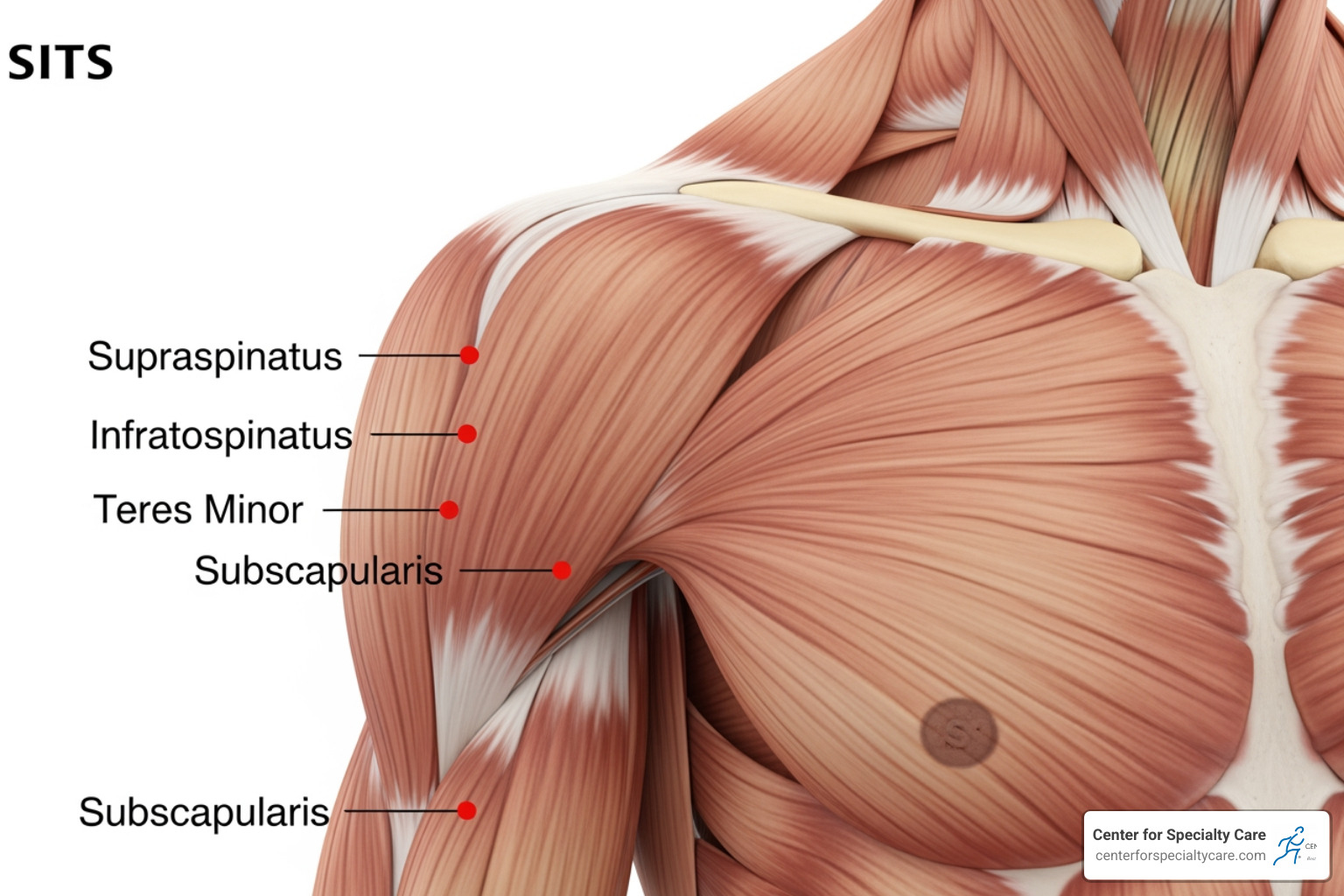 Detailed view of the SITS muscle locations on the scapula and humerus - rotator cuff anatomy