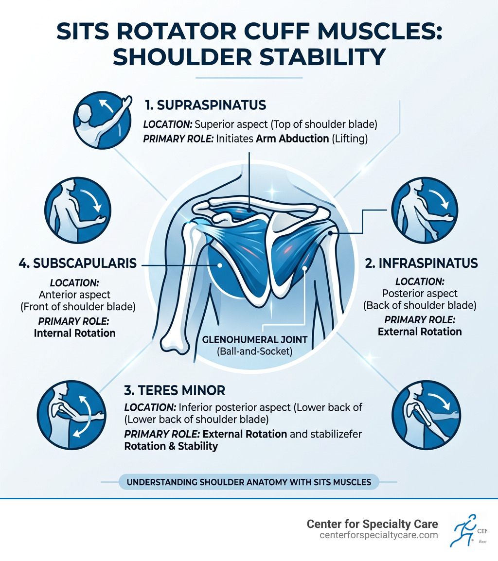 Infographic showing the four SITS rotator cuff muscles, their locations, and roles in shoulder stability - rotator cuff