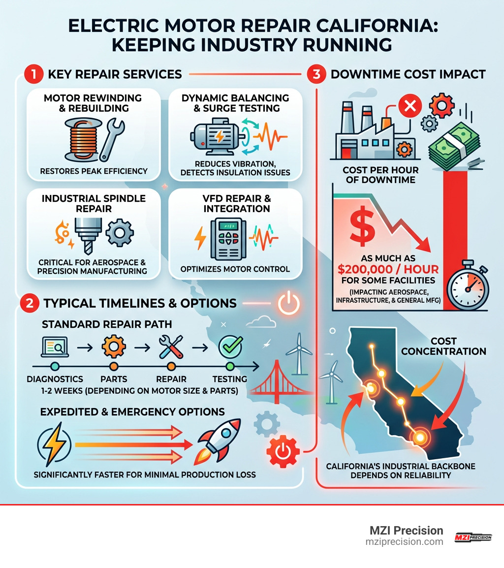INFOGRAPHIC SHOWING KEY ELECTRIC MOTOR REPAIR SERVICES, TYPICAL TIMELINES, AND DOWNTIME COST IMPACT IN CALIFORNIA - ELECTRIC