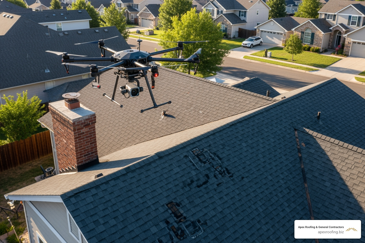 drone performing a high-resolution roof scan for moisture detection - roof inspections services near me