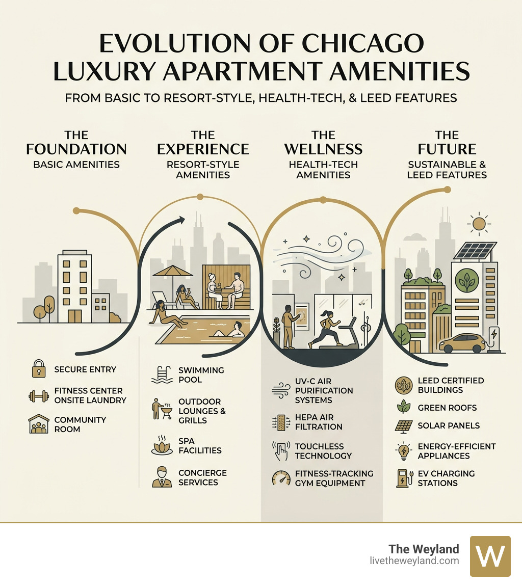 Evolution of Chicago luxury apartment amenities from basic to resort-style, health-tech, and LEED features - new luxury