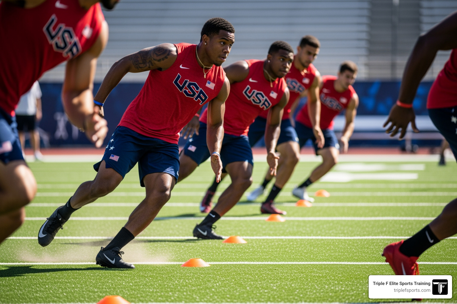 Athletes performing multi-directional agility drills on a turf field - athletic workout program pdf Athletes performing multi-directional agility drills on a turf field - athletic workout program pdf
