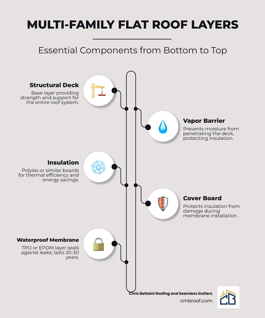 Infographic showing layers and components of a multi-family flat roof: structural deck, vapor barrier, insulation, cover Infographic showing layers and components of a multi-family flat roof: structural deck, vapor barrier, insulation, cover