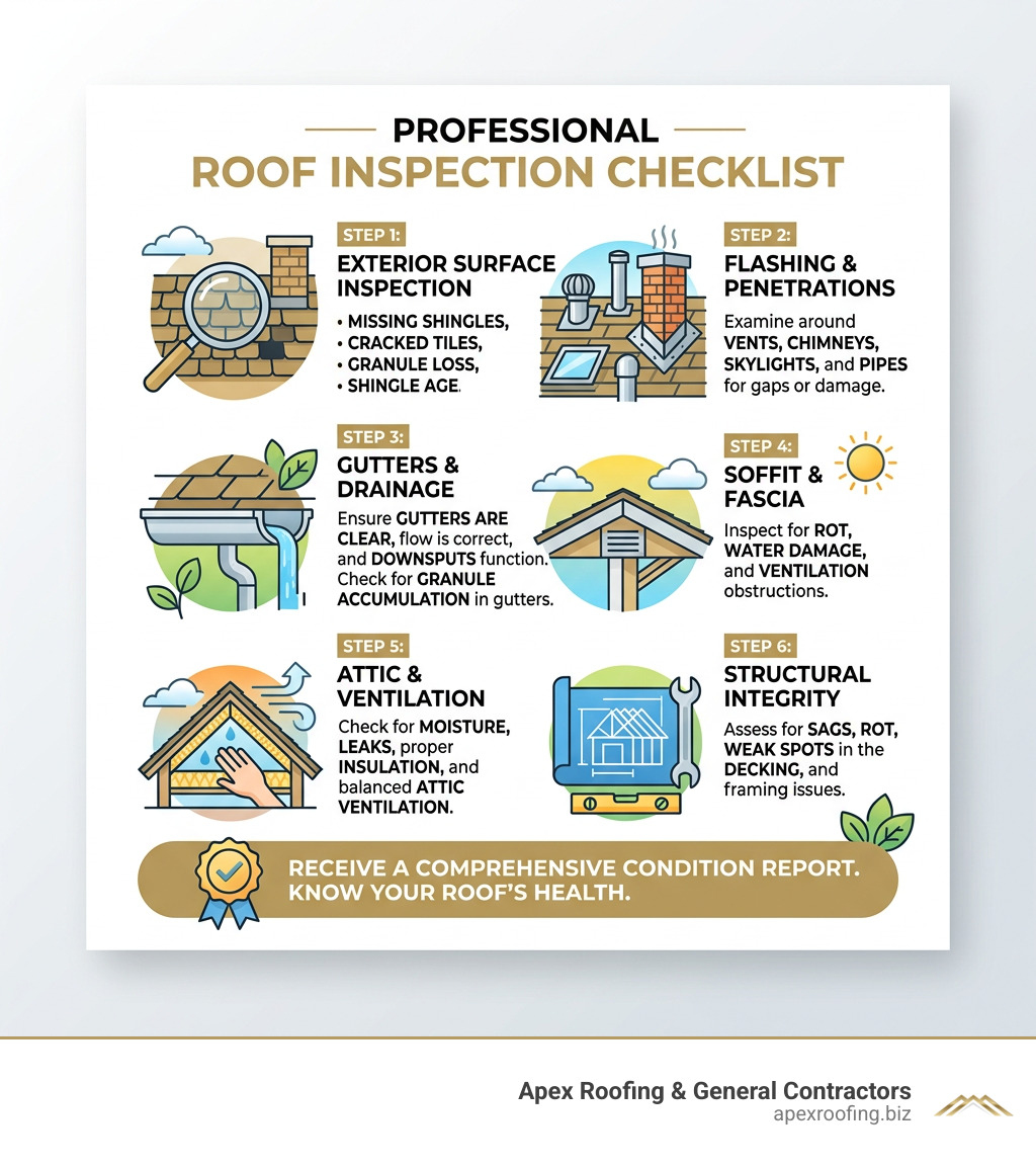 Infographic showing key steps and components of a professional roof inspection checklist - roof inspections services near me
