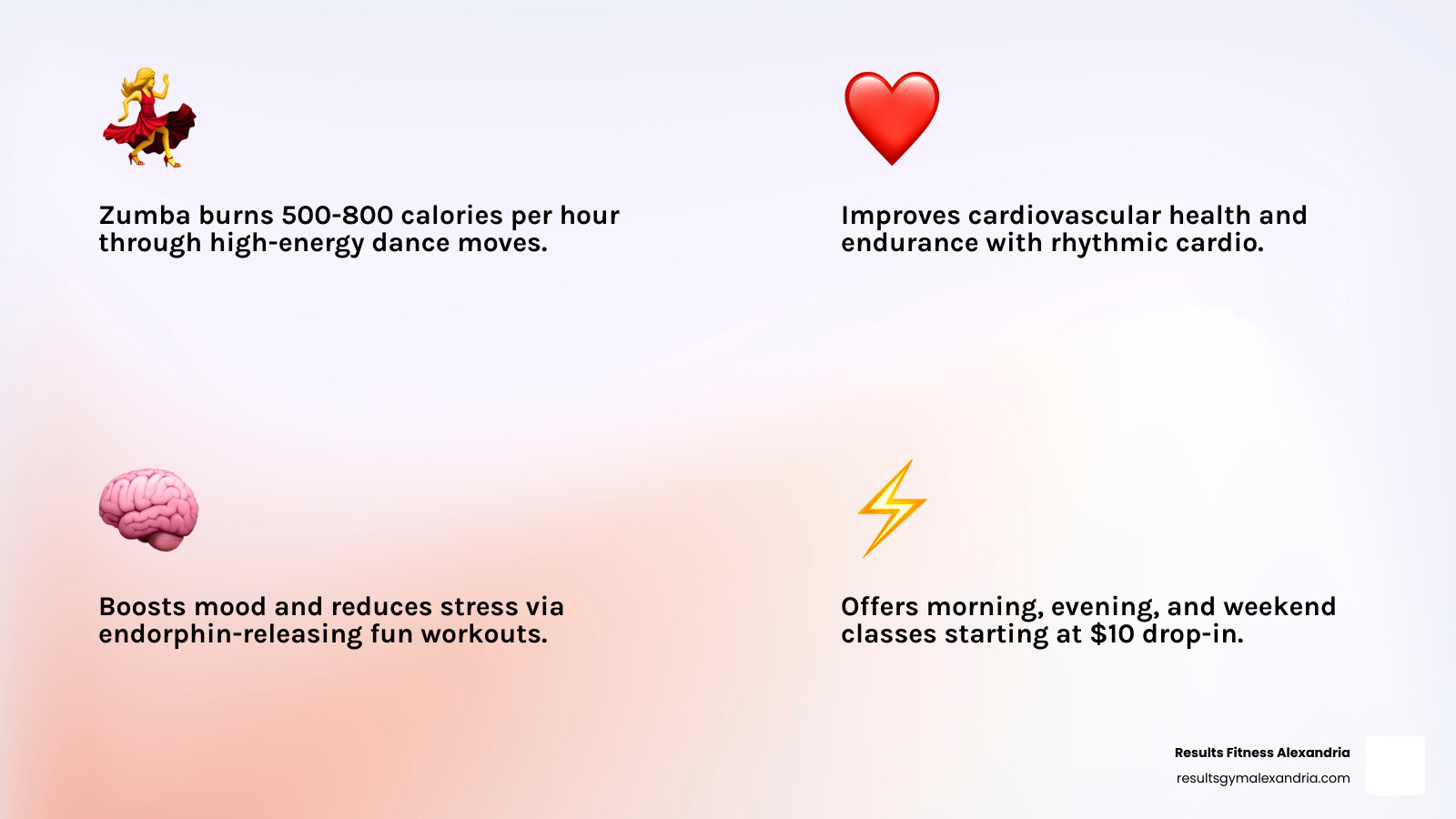 Infographic showing health benefits of Zumba, class types, cost ranges, and schedule options in Alexandria VA - Zumba