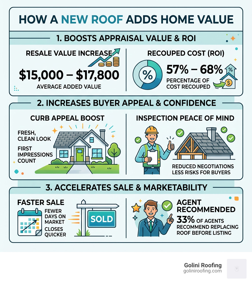 Infographic showing how a new roof impacts home value, ROI percentages, and buyer appeal - does replacing a roof add value Infographic showing how a new roof impacts home value, ROI percentages, and buyer appeal - does replacing a roof add value