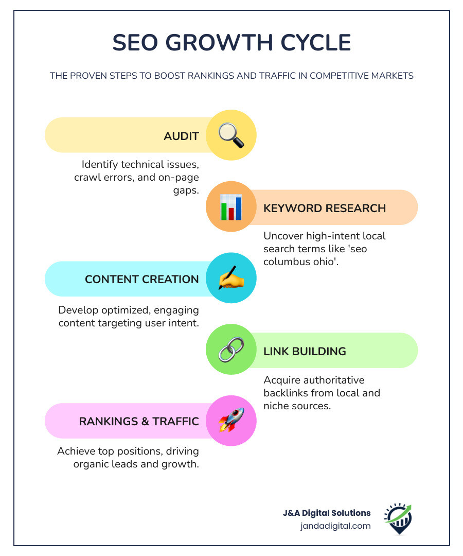 SEO growth cycle infographic showing audit, keyword research, content, link building, rankings, and traffic - seo columbus SEO growth cycle infographic showing audit, keyword research, content, link building, rankings, and traffic - seo columbus