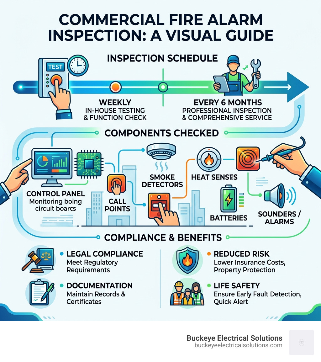 Infographic showing commercial fire alarm inspection schedule, components checked, and compliance requirements - Commercial