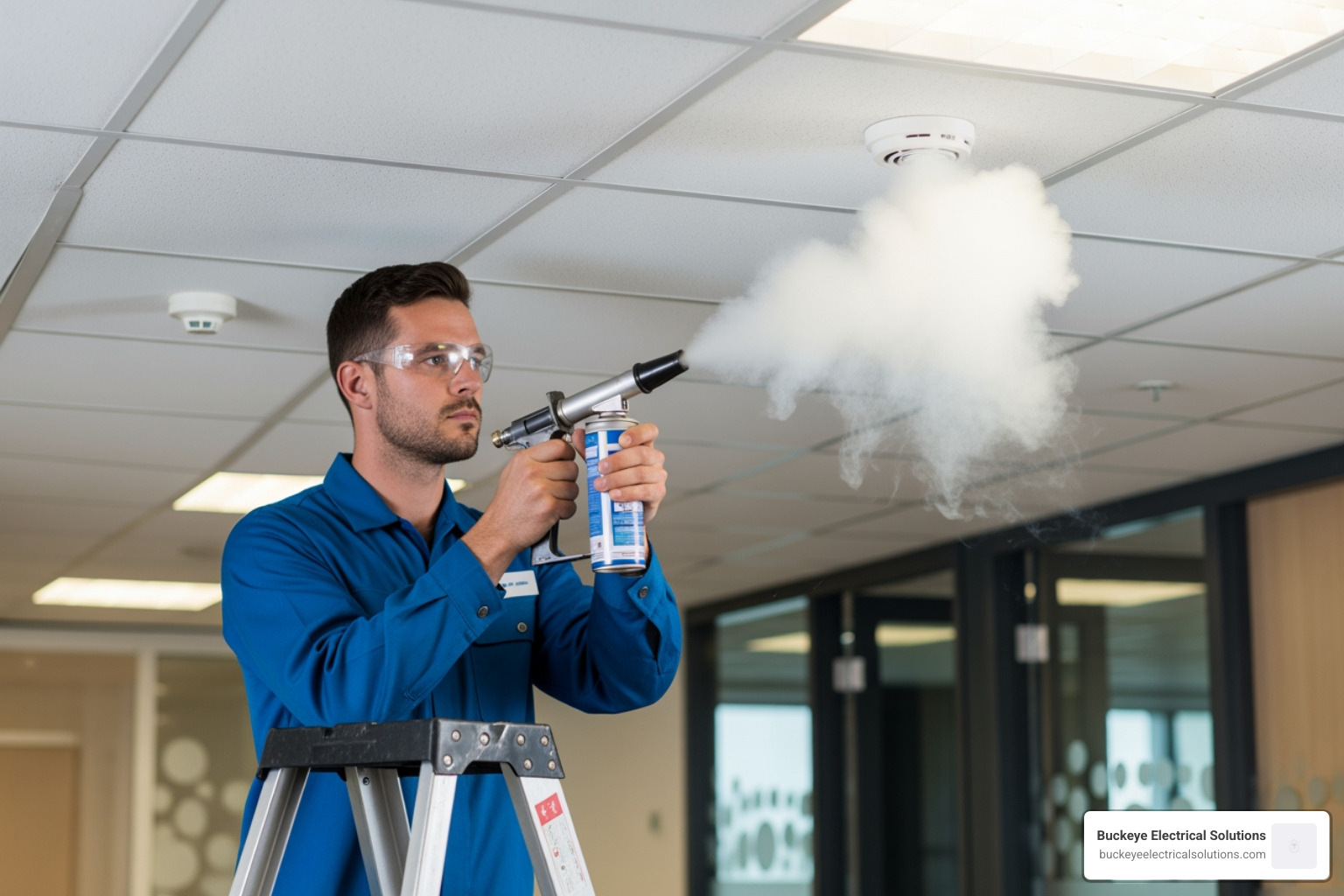 Professional technician using a smoke dispenser to test a ceiling-mounted smoke detector - Commercial fire alarm inspection