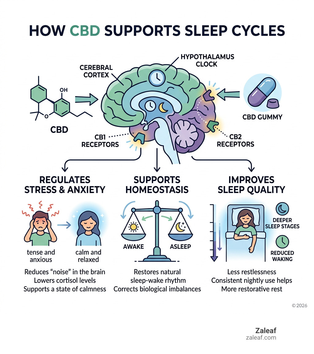 Infographic showing how CBD interacts with the endocannabinoid system to support sleep cycles - Buy CBD sleep gummies Infographic showing how CBD interacts with the endocannabinoid system to support sleep cycles - Buy CBD sleep gummies