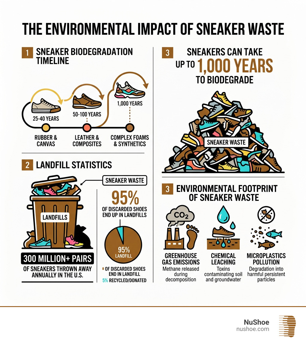 Infographic showing shoe biodegradation timelines, landfill statistics, and environmental footprint of sneaker waste
