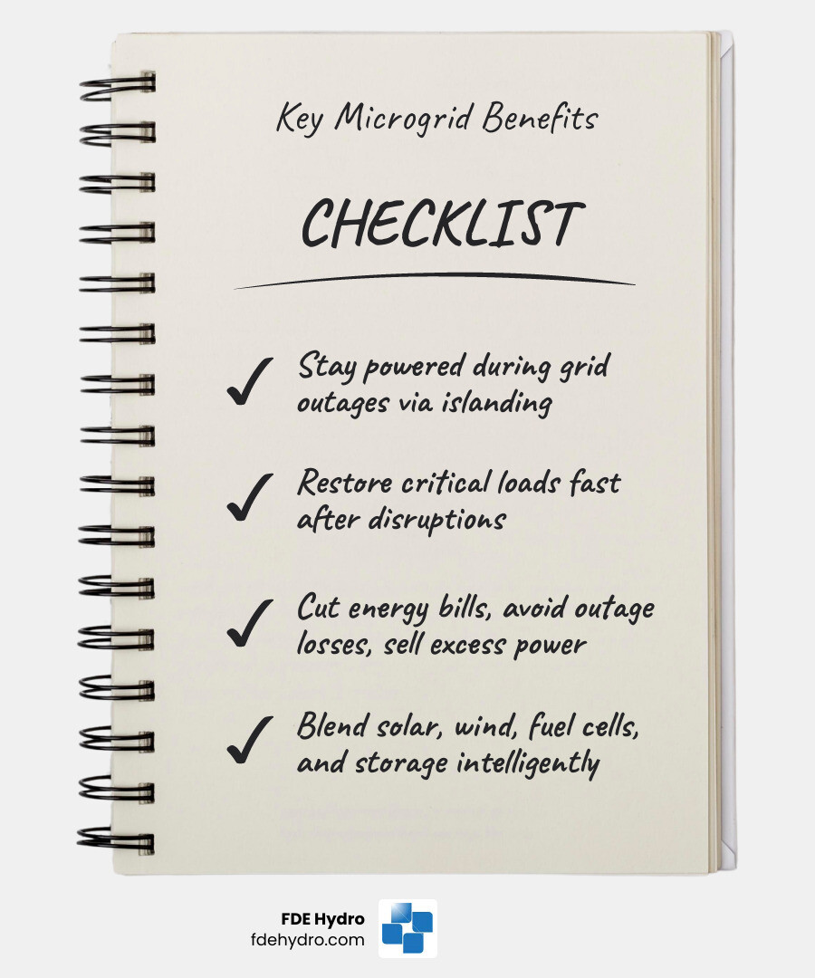 Infographic showing 8 key microgrid benefits: reliability, resilience, cost savings, clean energy, grid support