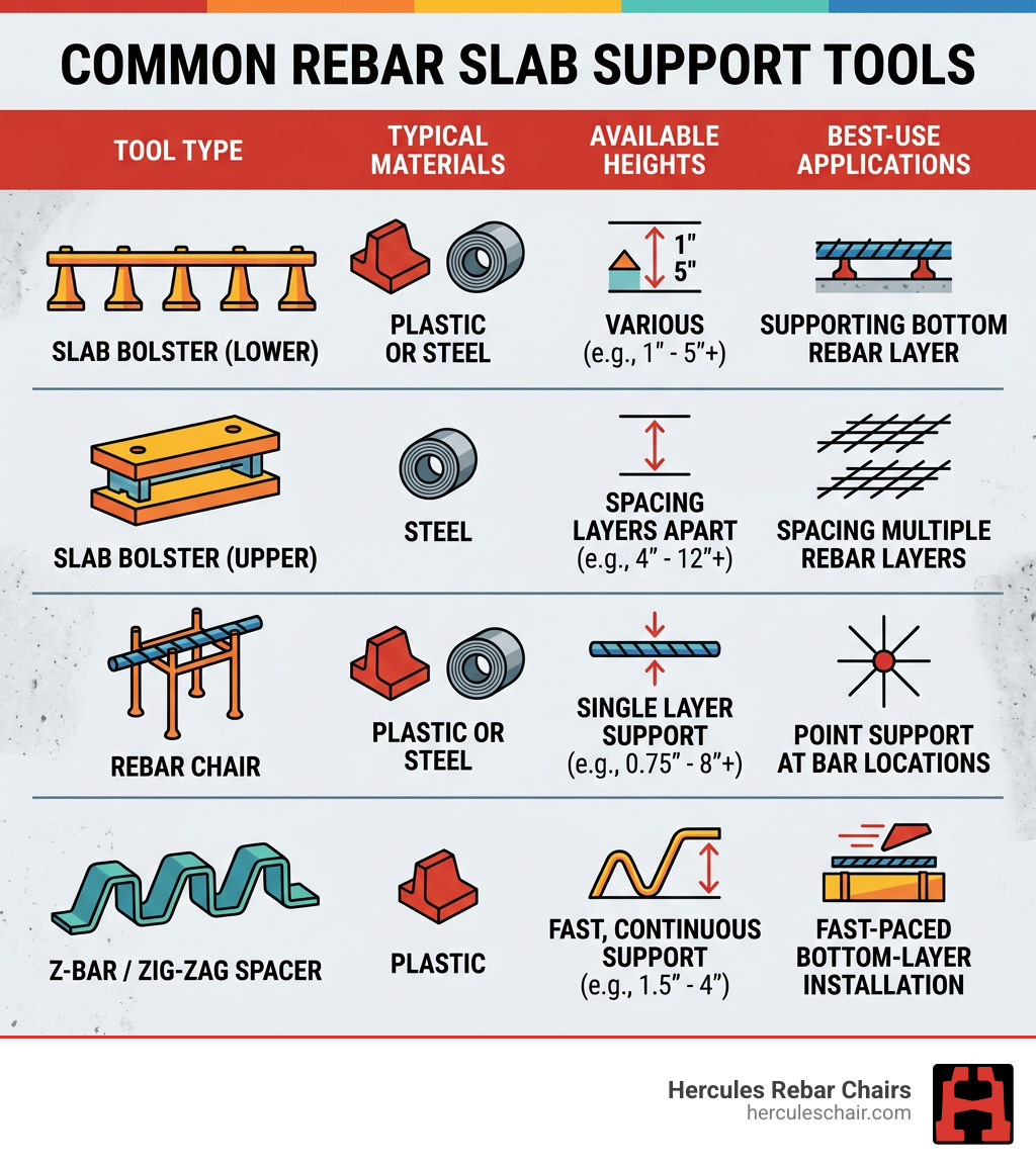 Infographic showing rebar slab support tool types, their materials, heights, and best-use applications - rebar slab support