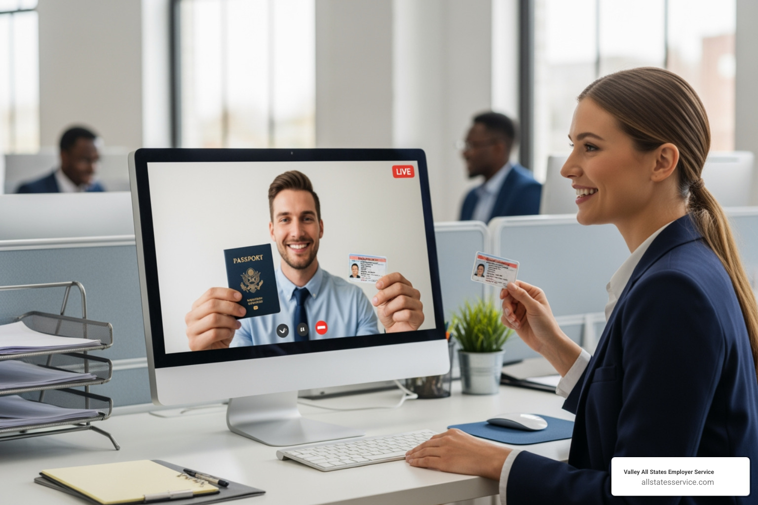 HR professional conducting a live video call to verify a remote employee's identity documents - best i-9 verification tools