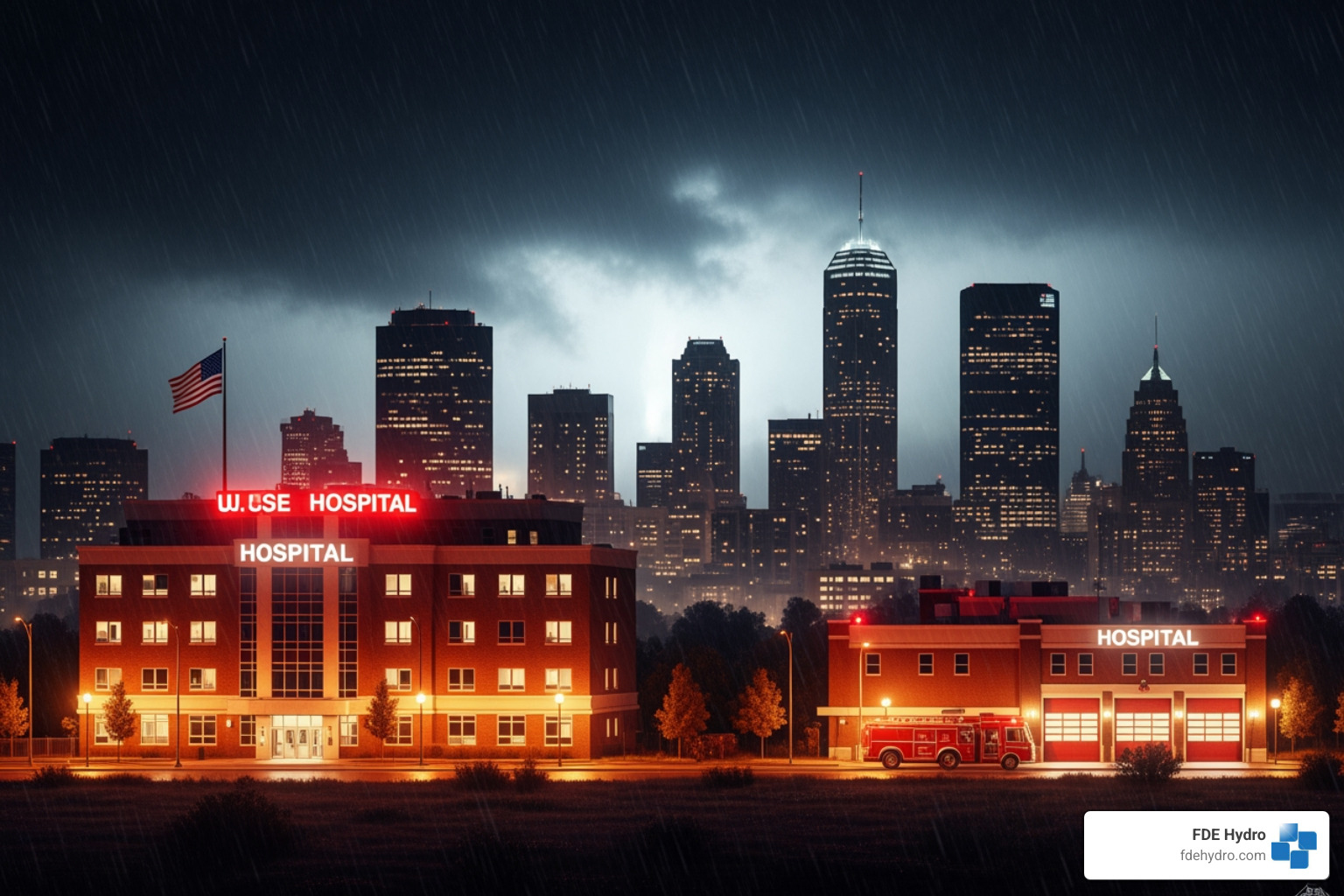 Critical infrastructure maintaining power during a severe storm while the surrounding city is dark - microgrid benefits