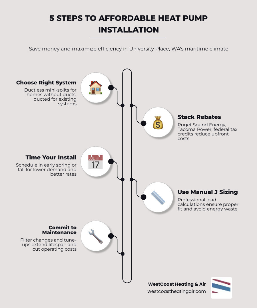 Infographic showing how heat pumps work, rebate sources, and tips for affordable installation in University Place WA