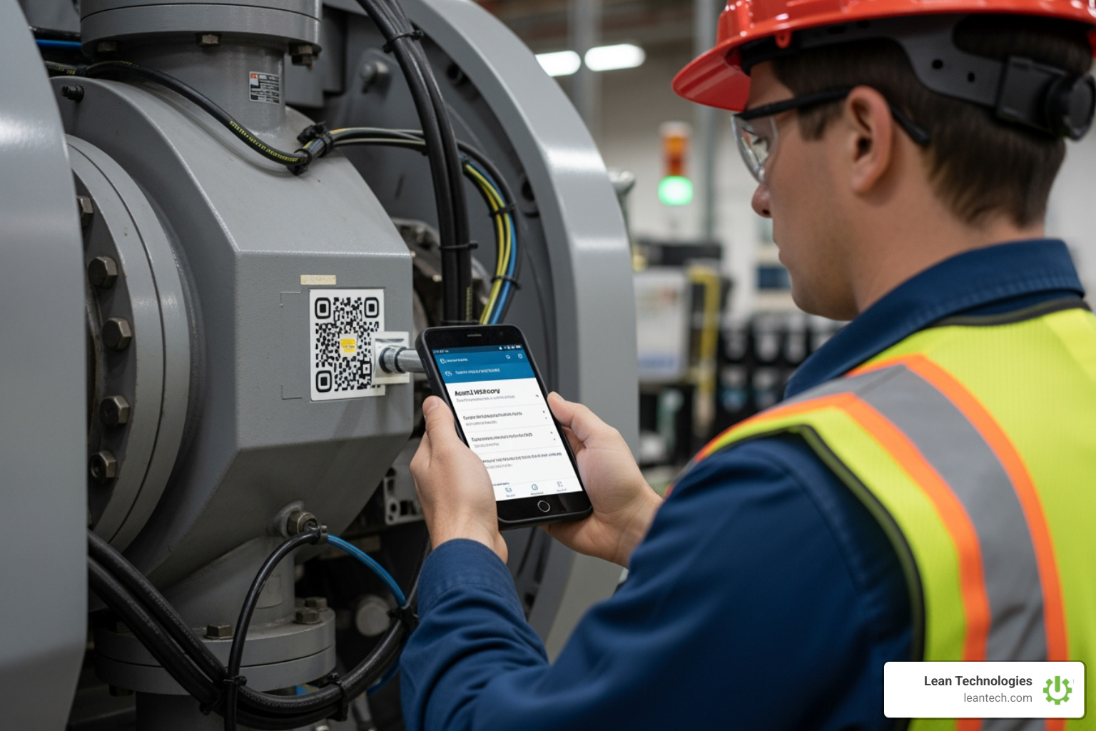 Technician scanning a QR code on a machine to pull up asset history and work orders - industrial maintenance software Technician scanning a QR code on a machine to pull up asset history and work orders - industrial maintenance software