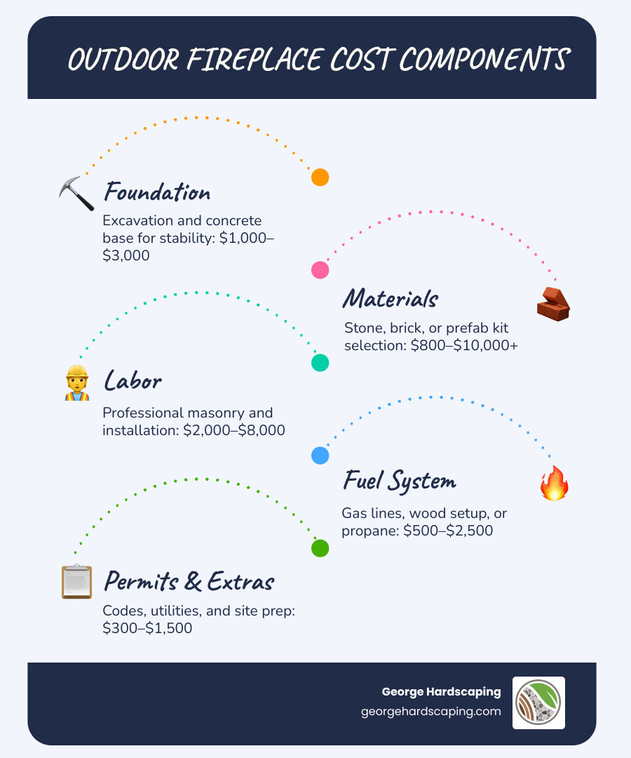 Infographic showing outdoor fireplace cost components from foundation to custom finish - how much does it cost to build an