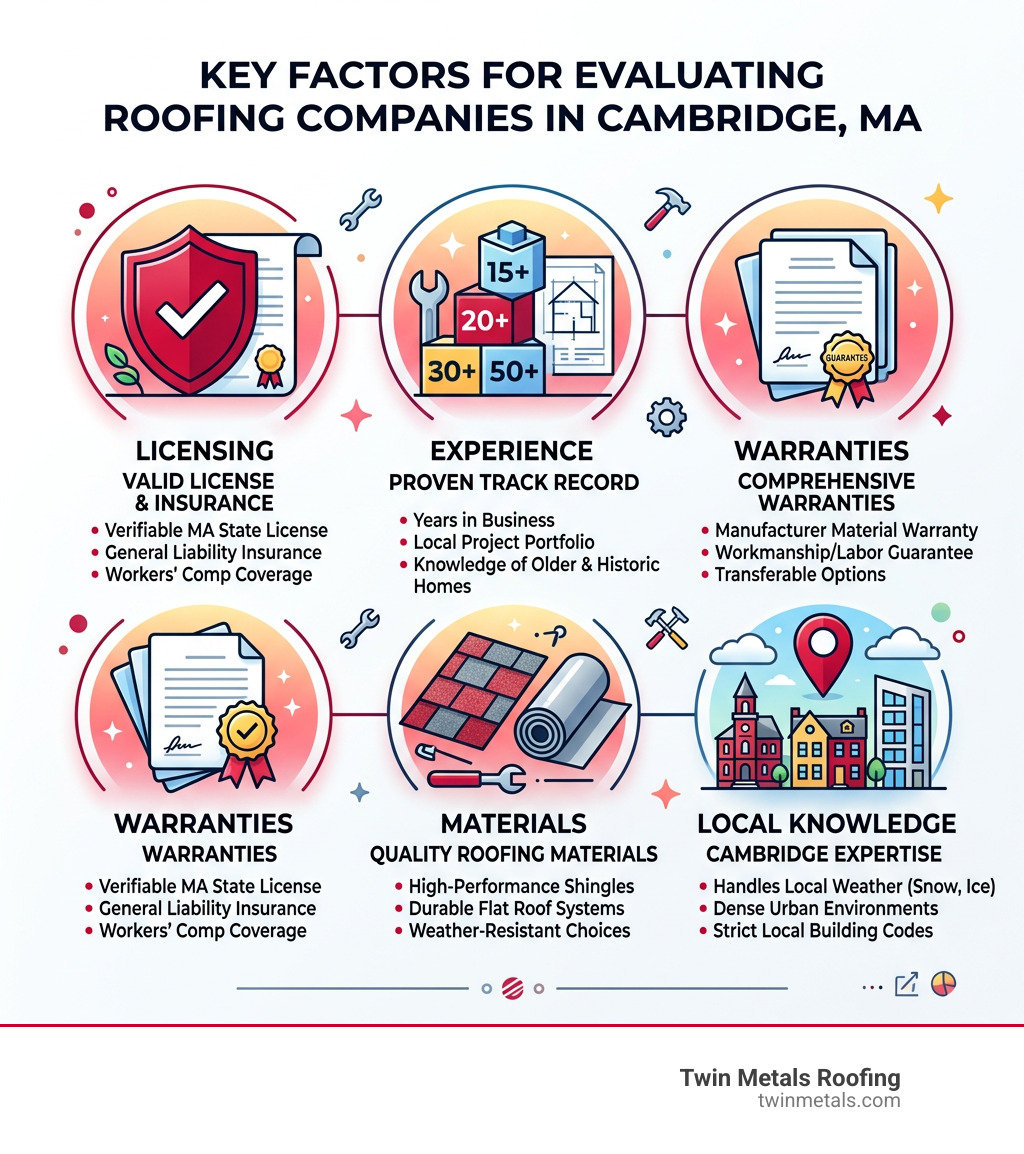 Infographic showing key factors to evaluate roofing companies in Cambridge MA: licensing, experience, warranties, materials Infographic showing key factors to evaluate roofing companies in Cambridge MA: licensing, experience, warranties, materials
