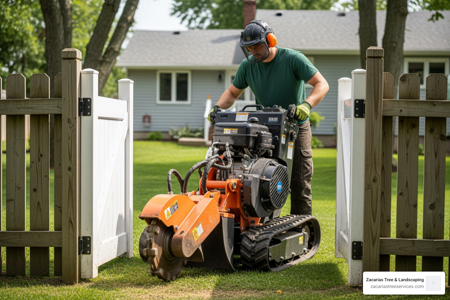 A professional stump grinder being carefully maneuvered through a narrow residential gate - average price for stump grinding A professional stump grinder being carefully maneuvered through a narrow residential gate - average price for stump grinding
