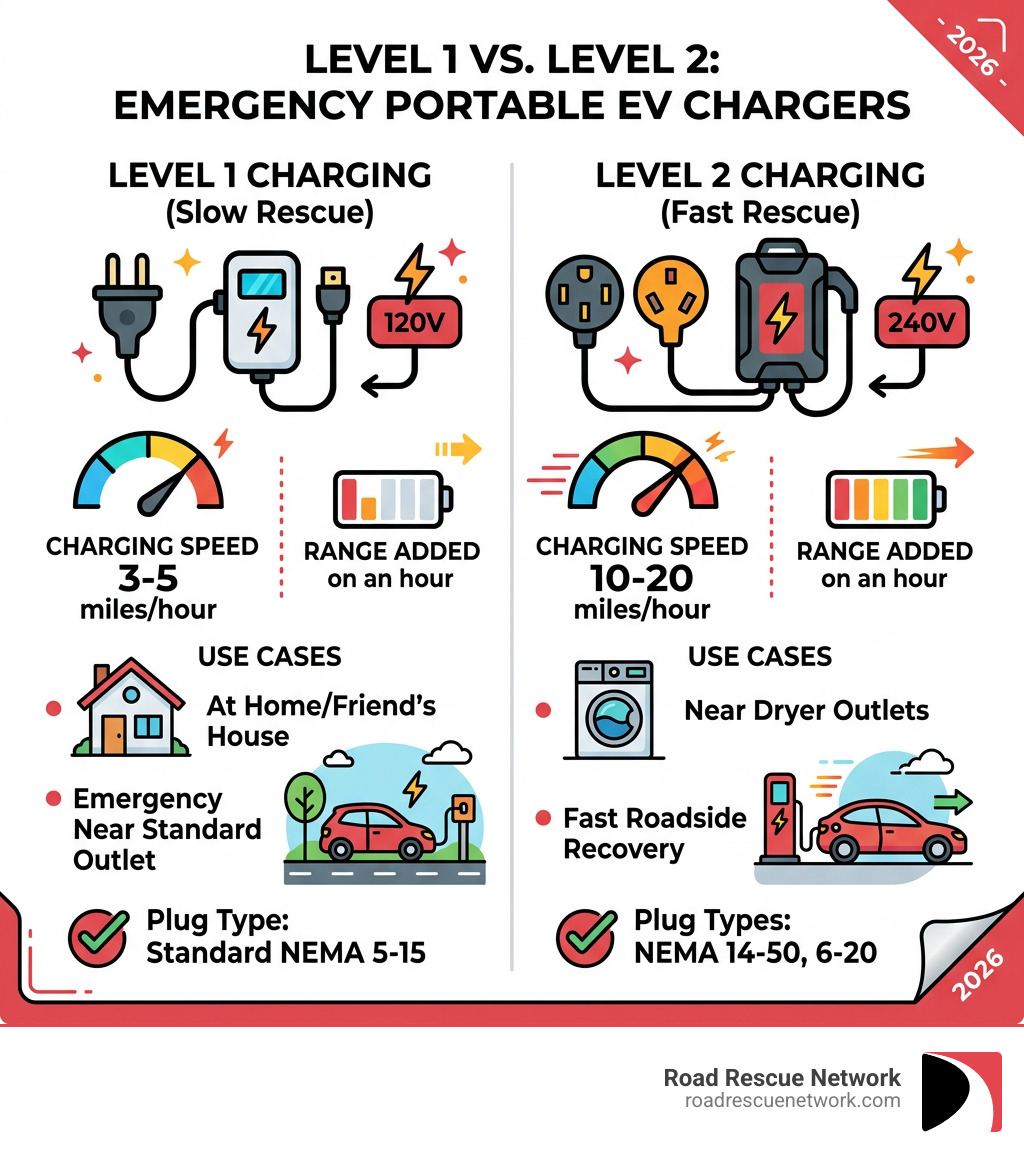 Infographic comparing Level 1 vs Level 2 emergency portable EV chargers: speed, plug types, and use cases - emergency