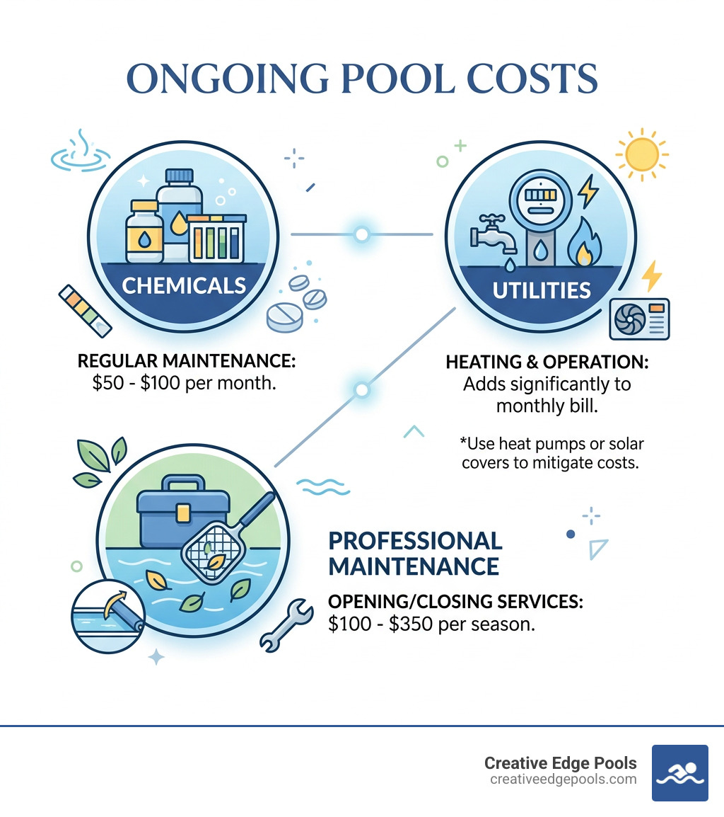 Infographic of ongoing pool costs including chemicals, utilities, and professional maintenance - backyard pool design Infographic of ongoing pool costs including chemicals, utilities, and professional maintenance - backyard pool design