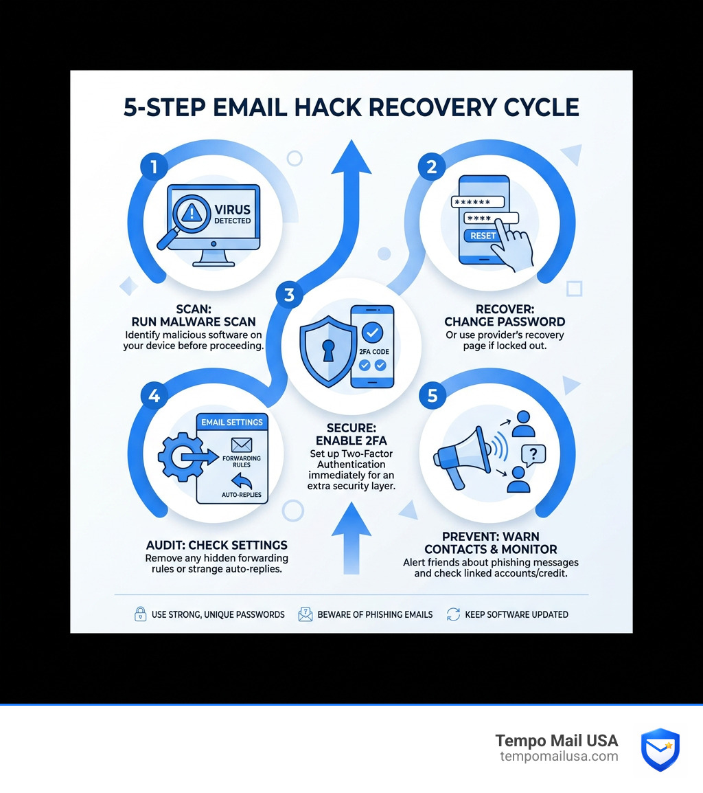 5-step email hack recovery cycle: scan, recover, audit, secure, prevent - what to do after email hack infographic 5-step email hack recovery cycle: scan, recover, audit, secure, prevent - what to do after email hack infographic