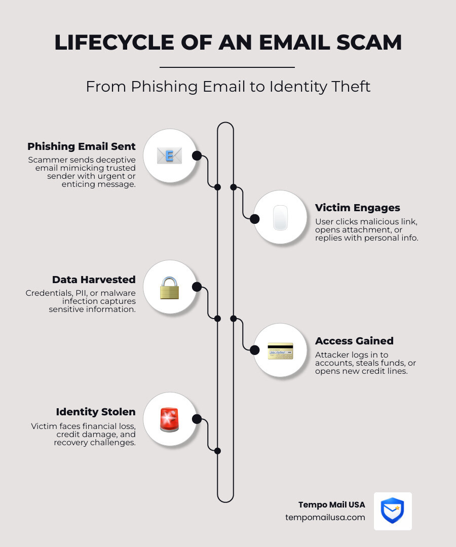 Lifecycle of an email scam from sender to identity theft victim - identity theft warning signs email infographic Lifecycle of an email scam from sender to identity theft victim - identity theft warning signs email infographic