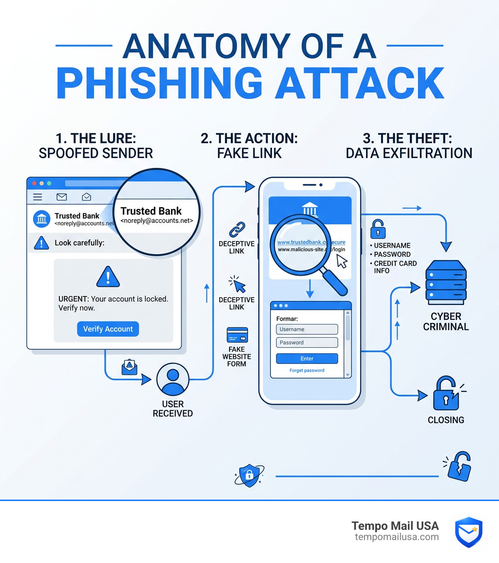Anatomy of a phishing attack infographic showing spoofed sender, fake link, and data theft steps - how to report phishing Anatomy of a phishing attack infographic showing spoofed sender, fake link, and data theft steps - how to report phishing
