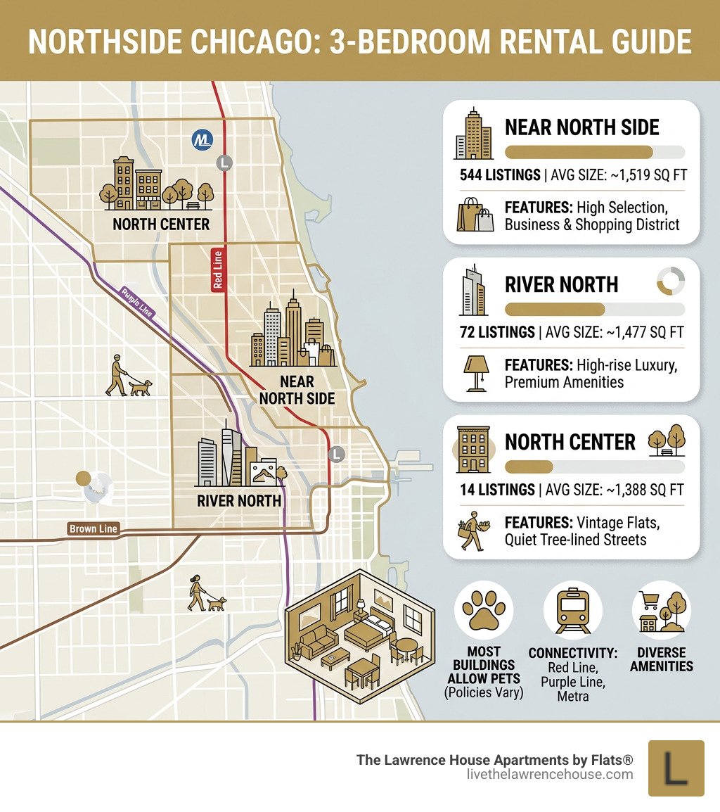 Infographic showing Northside Chicago neighborhood boundaries and 3-bedroom rental stats by area - 3 bedroom apartments for