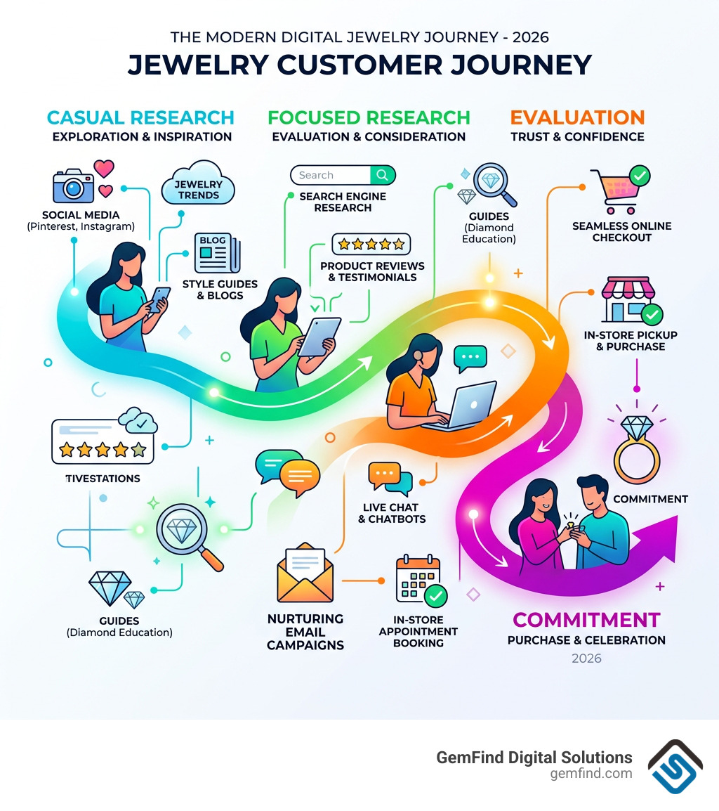 Infographic showing the jewelry customer journey from casual research to commitment, with key digital touchpoints - Jewelry