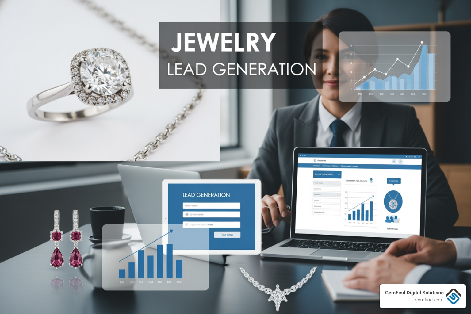 A professional jewelry website displayed on a mobile device showing high-resolution diamond rings - Jewelry Lead Generation