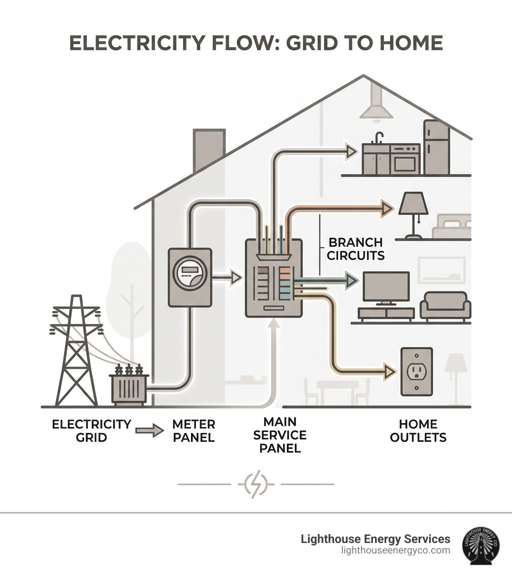 Infographic showing electricity flow from the grid through the meter panel and branch circuits to home outlets - electrical