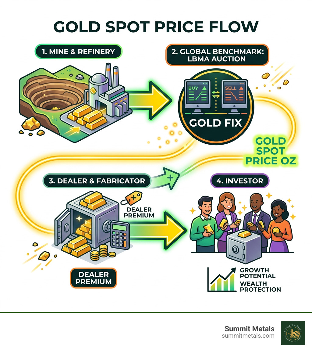 Infographic showing gold spot price flow from mine to LBMA auction to dealer premium to investor - gold spot price oz