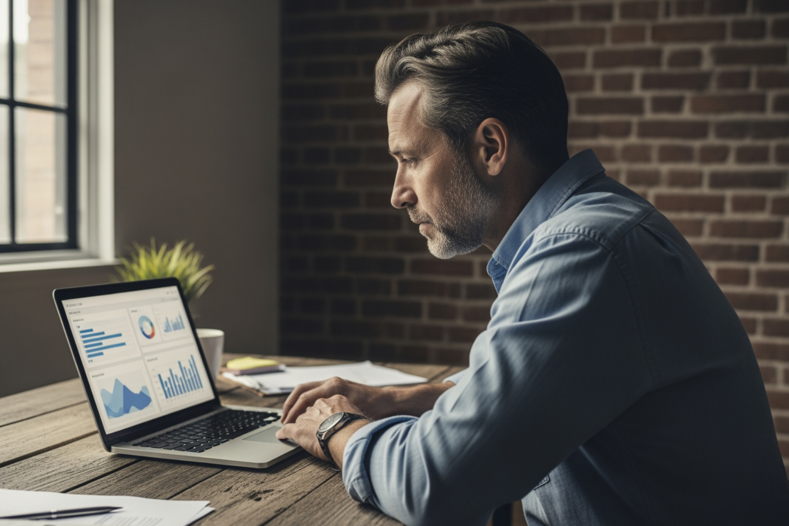 A business owner in a quiet office looking at a simple data dashboard on a laptop screen - free digital marketing audit