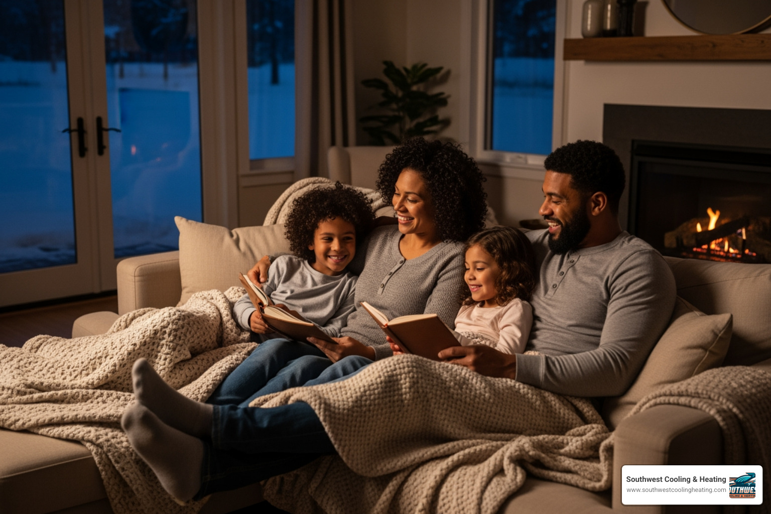 A happy family relaxing on a comfortable sofa in a warm, well-heated living room during a cold Toquerville night A happy family relaxing on a comfortable sofa in a warm, well-heated living room during a cold Toquerville night