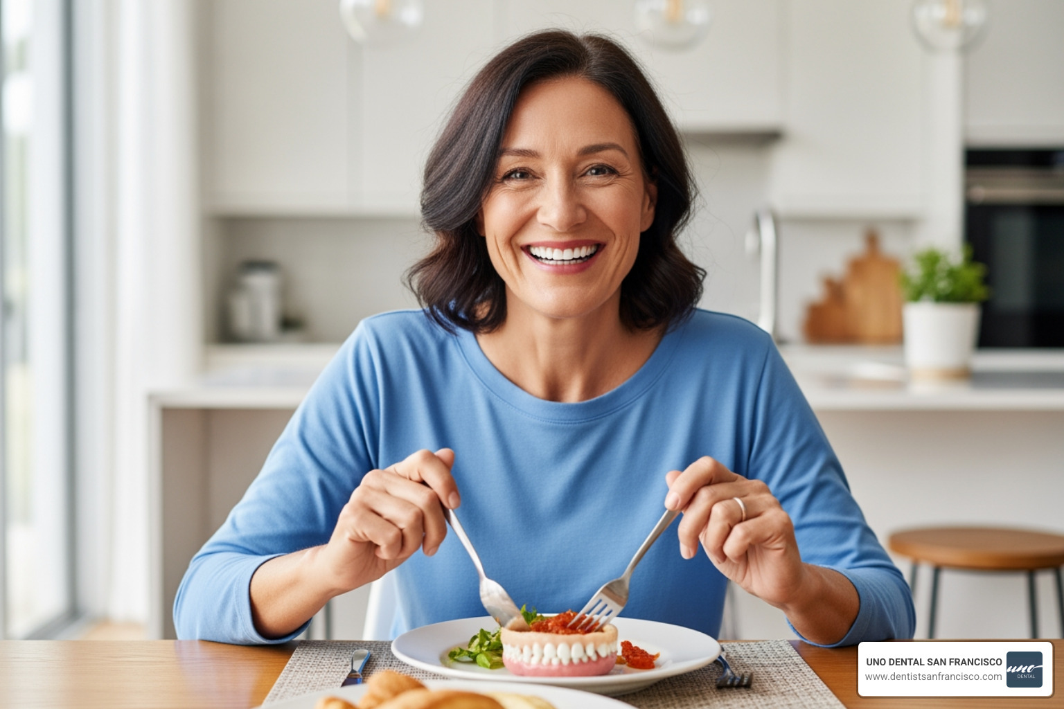 Patient smiling and eating a meal with their new fixed implant teeth - Full arch dental implants Patient smiling and eating a meal with their new fixed implant teeth - Full arch dental implants