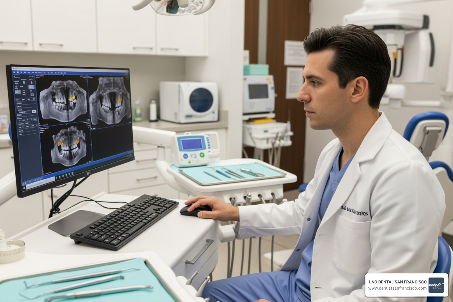 Dentist reviewing digital CBCT 3D scans on a monitor for implant planning - Full arch dental implants Dentist reviewing digital CBCT 3D scans on a monitor for implant planning - Full arch dental implants