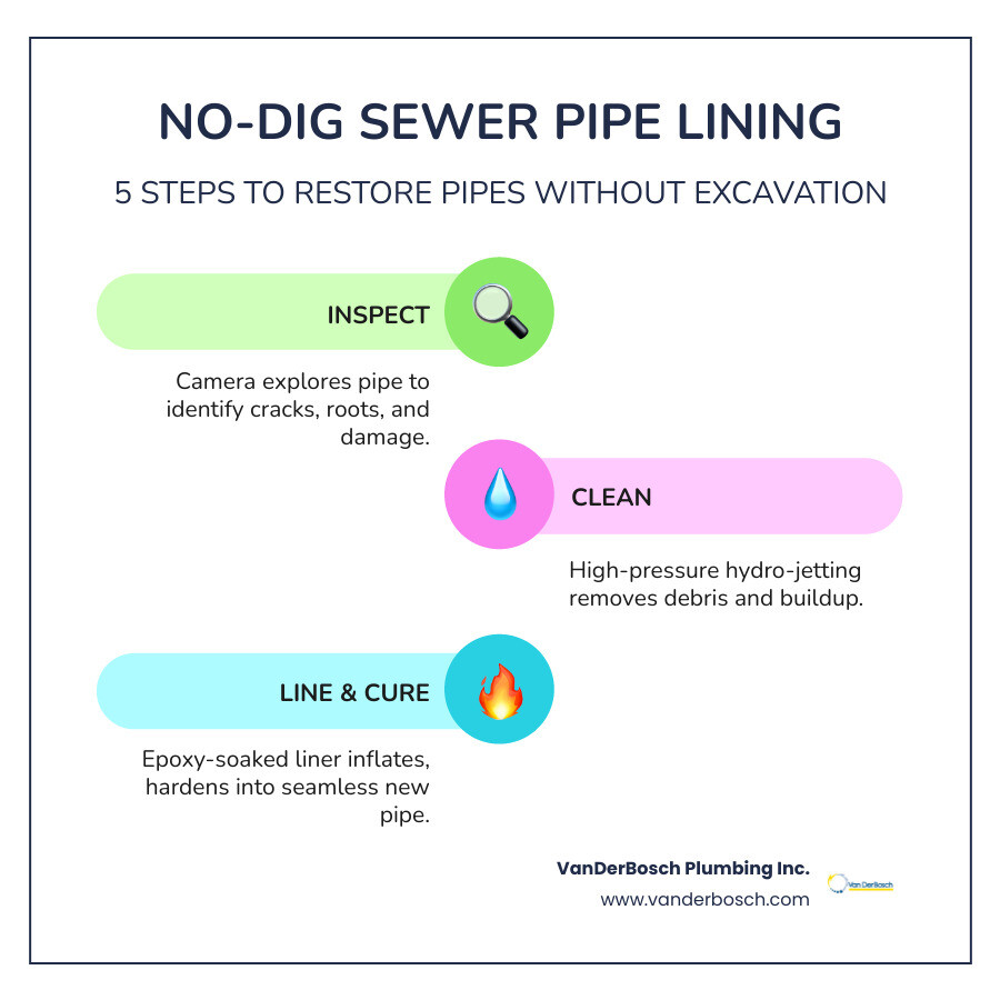 Infographic showing 5 steps of no-dig sewer pipe lining process from inspection to cured liner - Sewer pipe lining Infographic showing 5 steps of no-dig sewer pipe lining process from inspection to cured liner - Sewer pipe lining