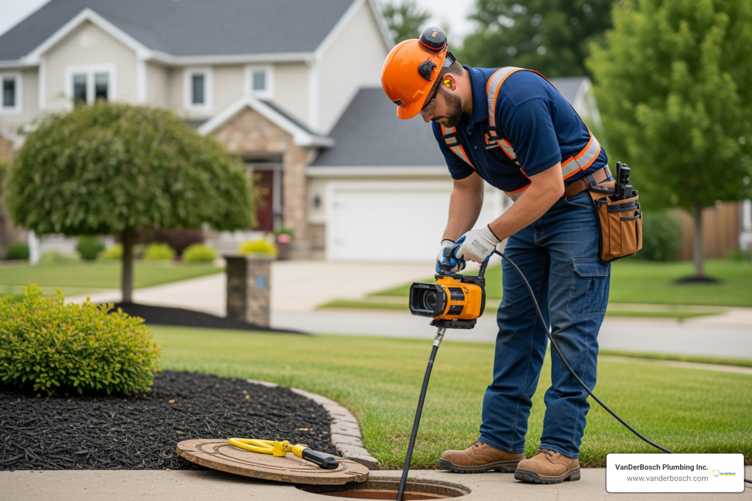 Sewer technician performing a video camera inspection of a residential drain line - Sewer pipe lining Sewer technician performing a video camera inspection of a residential drain line - Sewer pipe lining