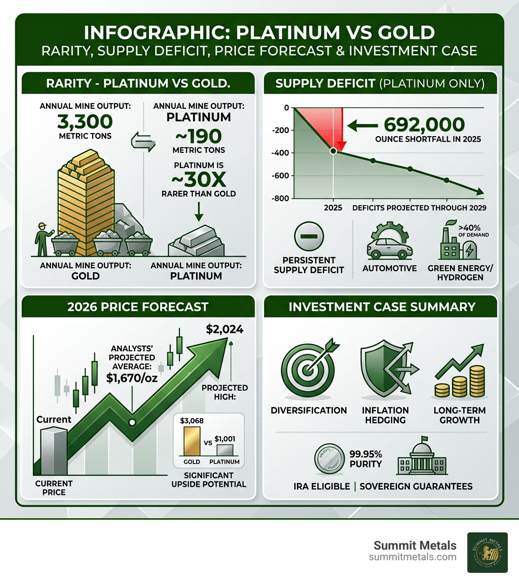 Infographic: Platinum vs Gold rarity, supply deficit, price forecast, and investment case summary - are platinum coins a