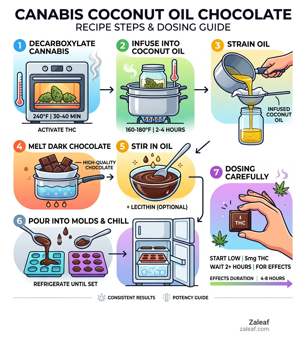 Infographic: cannabis coconut oil chocolate recipe steps from decarb to finished chocolate with dosing guide - cannabis