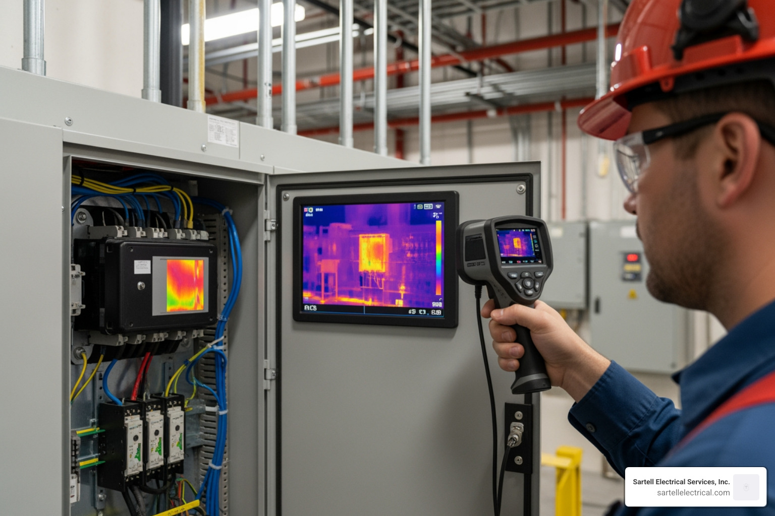 Electrician performing thermal imaging - electrical testing commercial premises