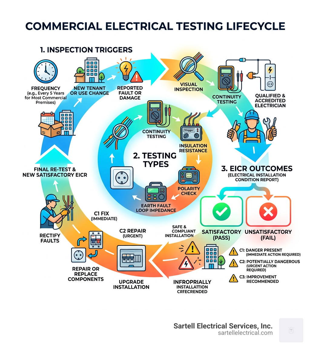 Commercial electrical testing lifecycle infographic showing inspection triggers, testing types, EICR outcomes, and remedial
