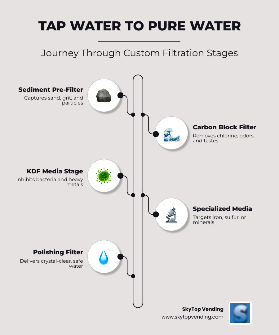 Infographic: tap water journey through custom filtration stages to clean output - Custom water filtration systems