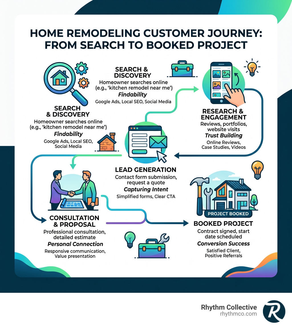 Home remodeling advertising customer journey from search to booked project infographic - home remodeling advertising Home remodeling advertising customer journey from search to booked project infographic - home remodeling advertising