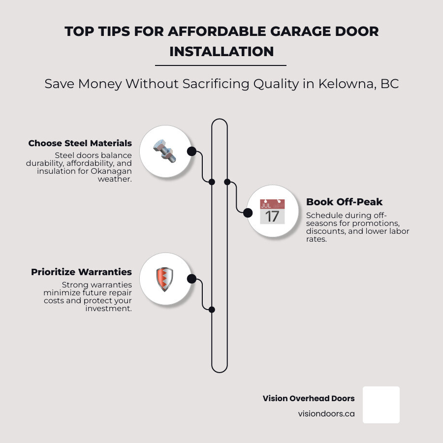Infographic showing top tips for affordable garage door installation in Kelowna BC including material choice, timing, and Top tips for affordable garage door installation in Kelowna, BC, featuring steel material selection, warranty prioritization, and off-peak booking strategies. Vision Overhead Doors branding visible.